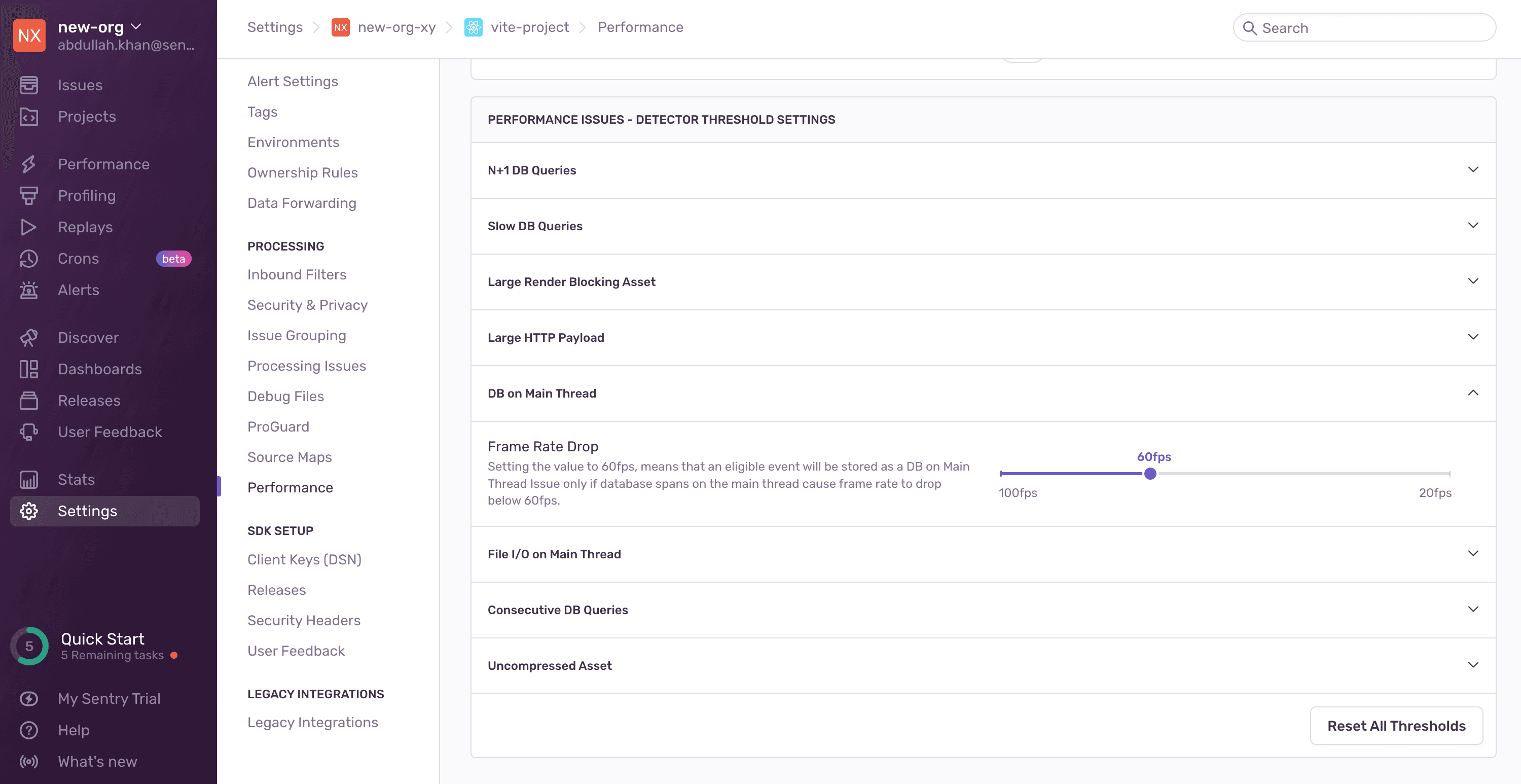 Database on Main Thread detector threshold settings